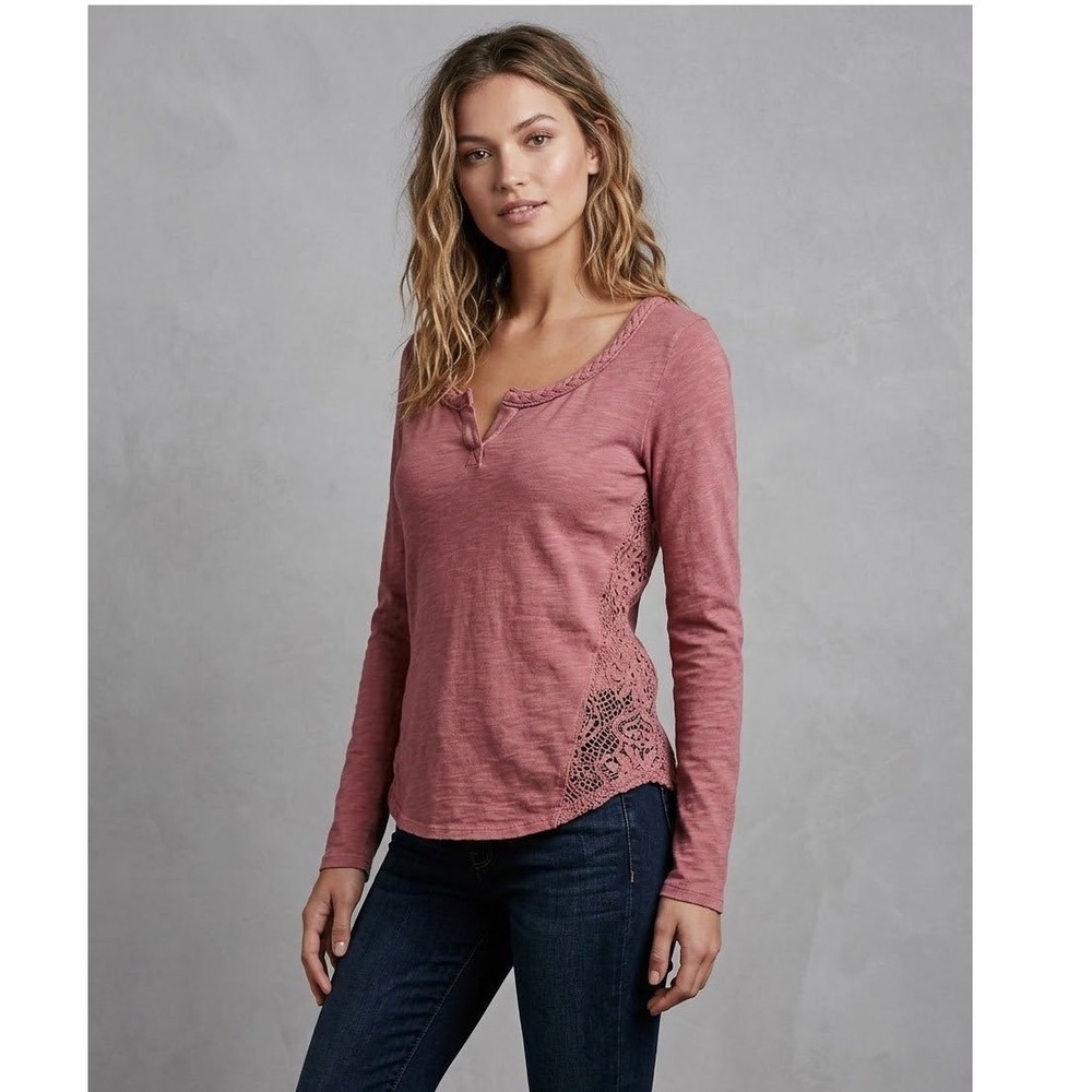 Free People Patches of Lace Pink Knit Crochet Long Sleeve Henley S Boho Vintage